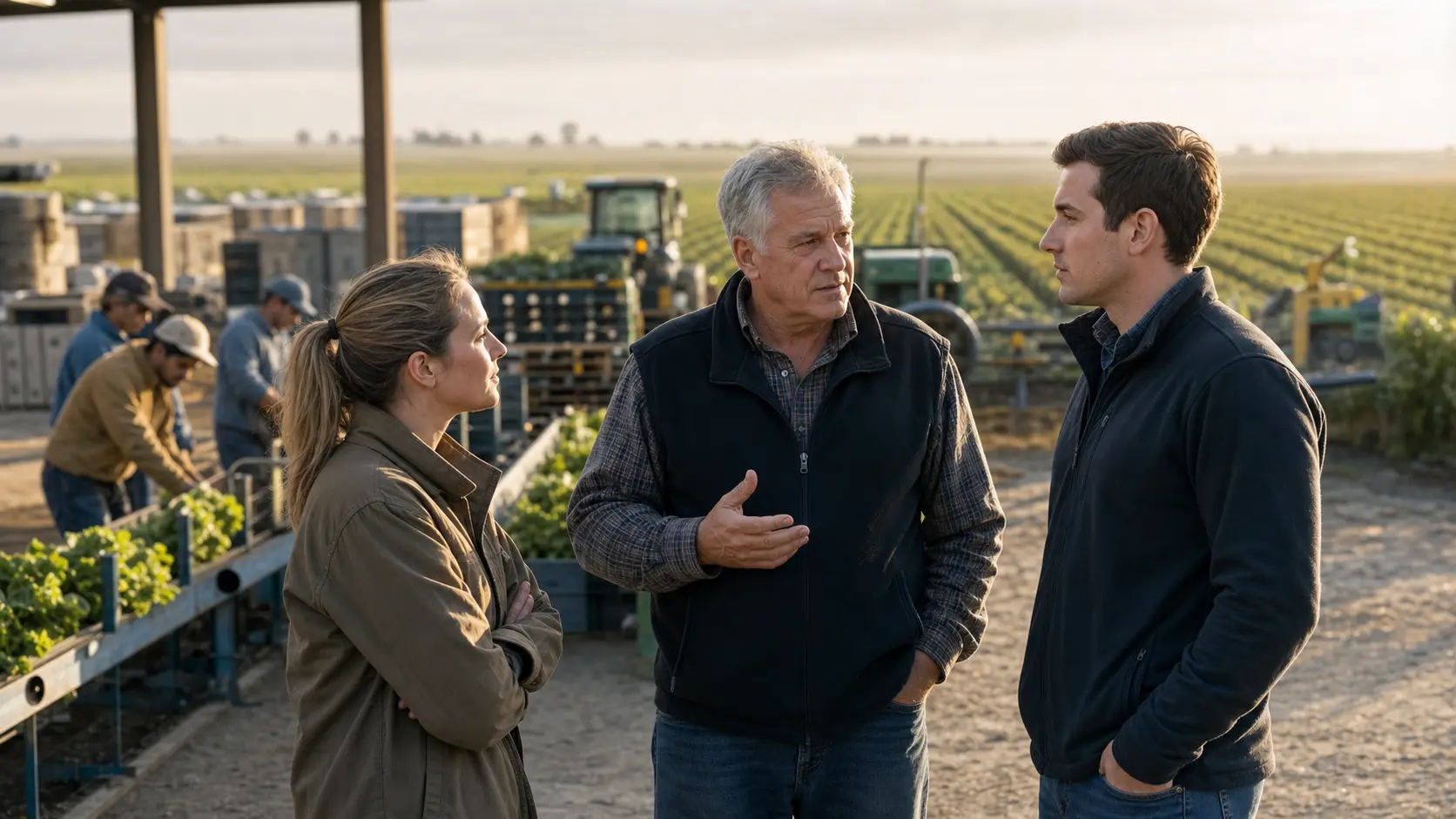 Agricultural operations leaders reviewing crop production and workforce plans at a commercial farming operation