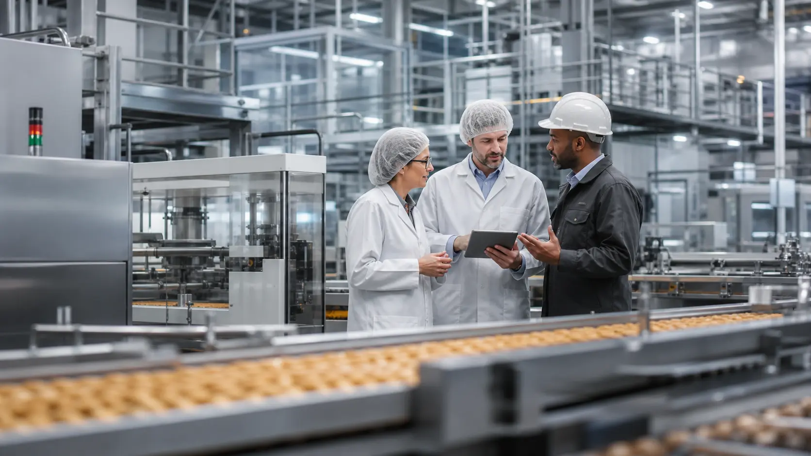Food manufacturing leaders reviewing automated production equipment and real-time operational data inside a modern processing facility