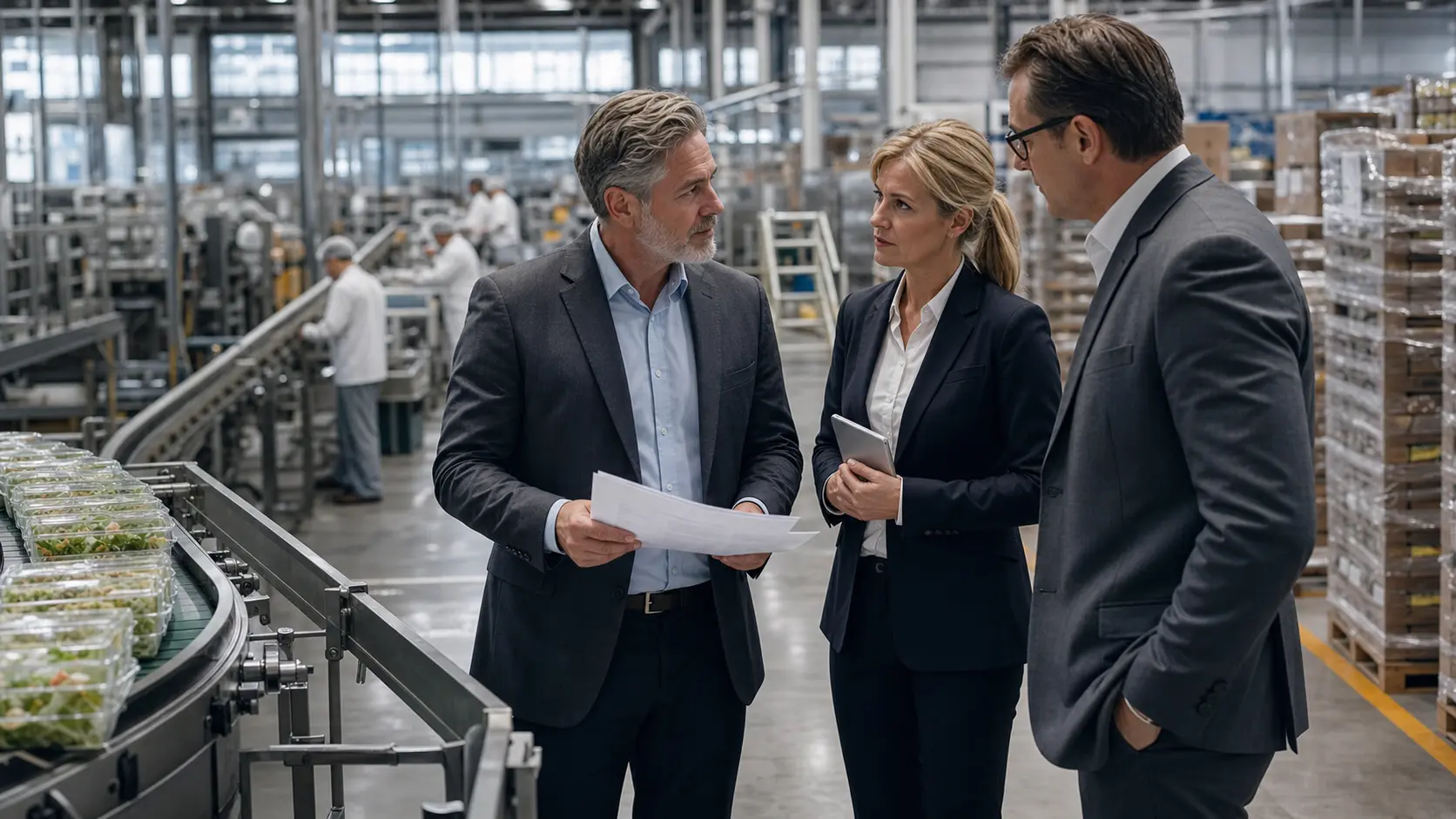 Food manufacturing executives reviewing financial and operational performance data inside a production facility