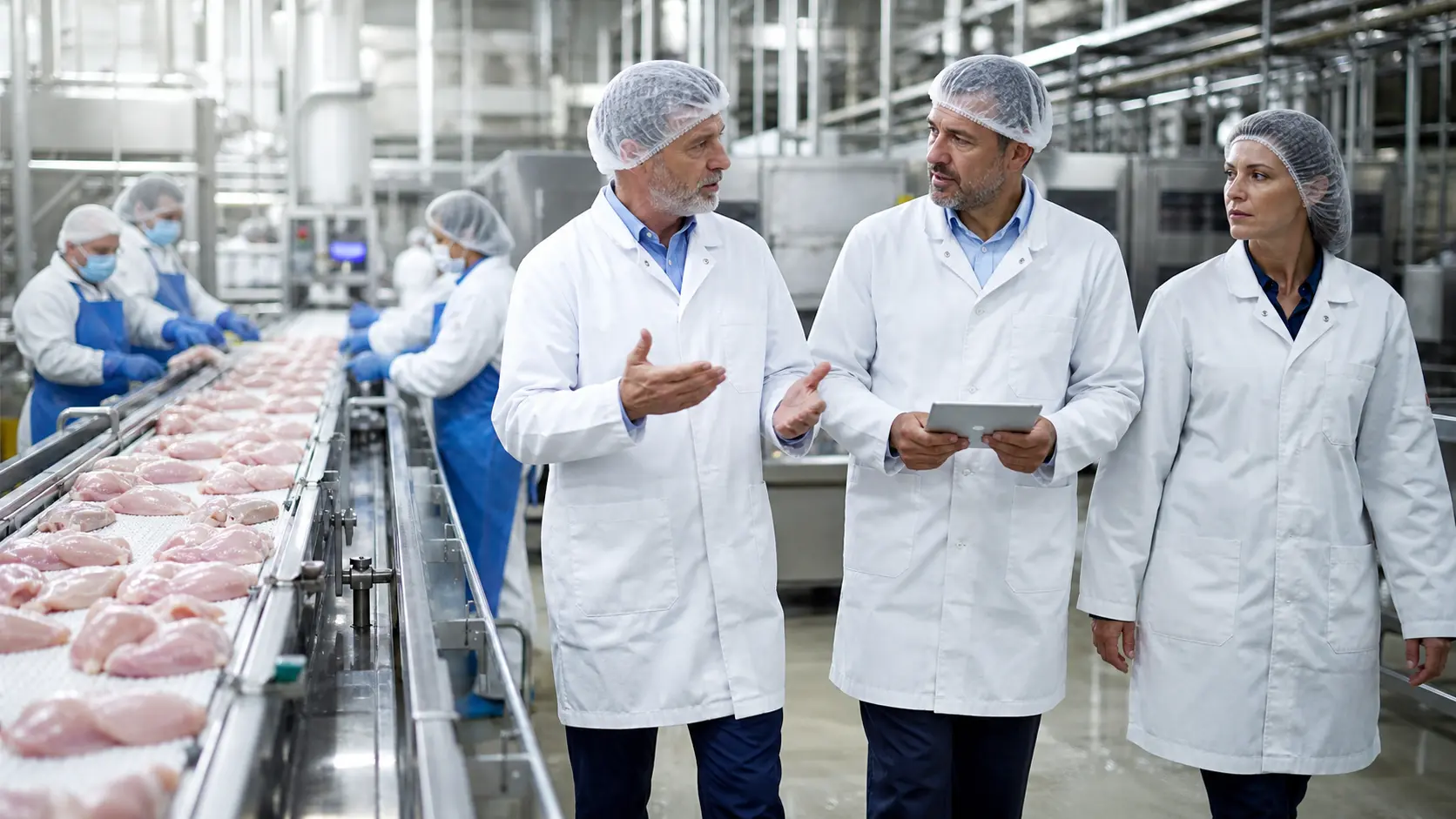Meat and poultry processing leaders reviewing production, food safety, staffing, and equipment performance inside a processing facility
