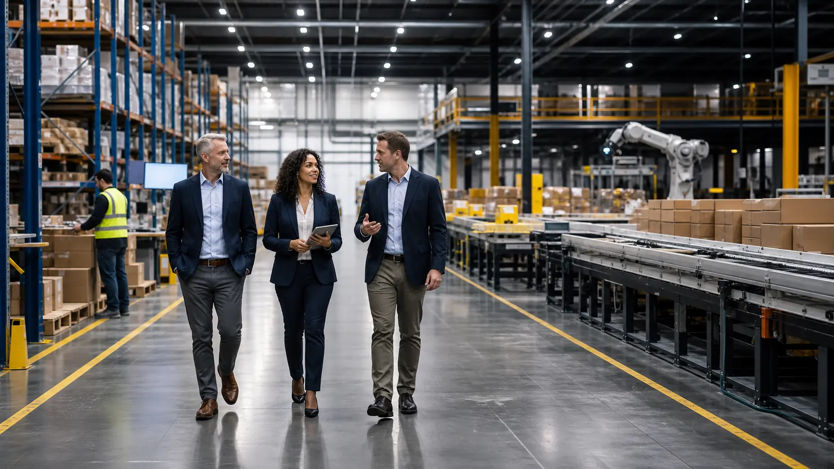 Distribution center leaders reviewing warehouse operations, inventory data, and employee performance inside a modern facility